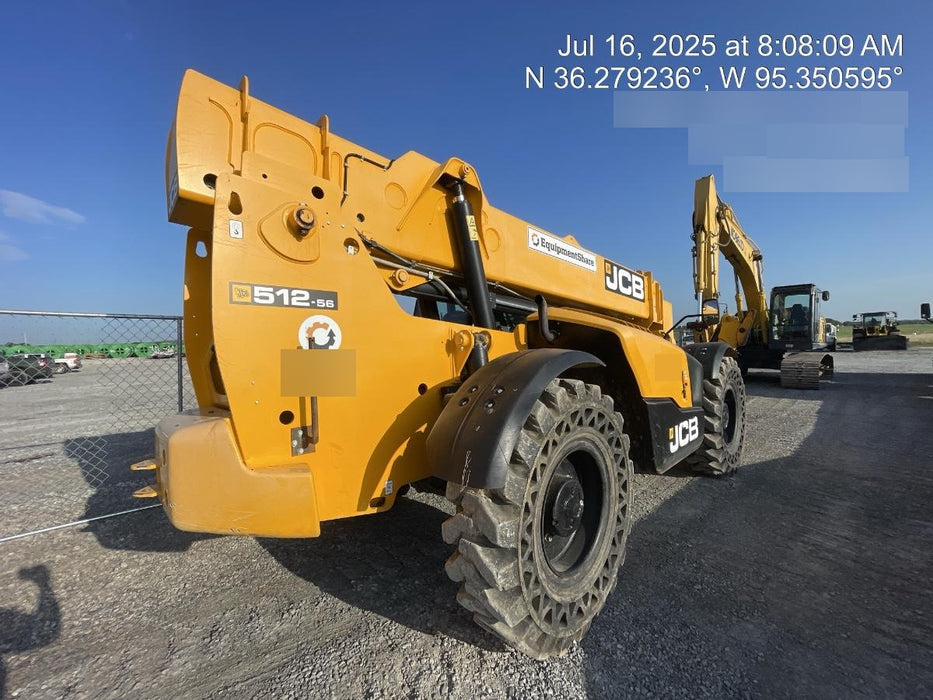 2019 JCB 512-56 Cab/Heat/Air, 109 HP, Solid Tires, STD Worklight, Beacon, Aux Hydraulics, Lifting Eye, Back up Alarm w/66" Carriage/60" Forks