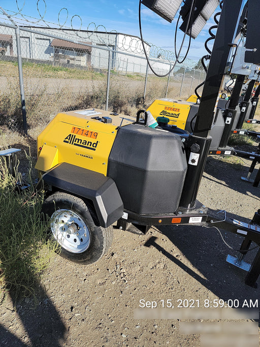 2021 Allmand NLV3GR (4) LED Light Fixture 350W, 23' Vertical Mast, 3kW Prime, Towable, Deep Sea L401, Leveling Jacks, Yanmar T4F 5.8hp