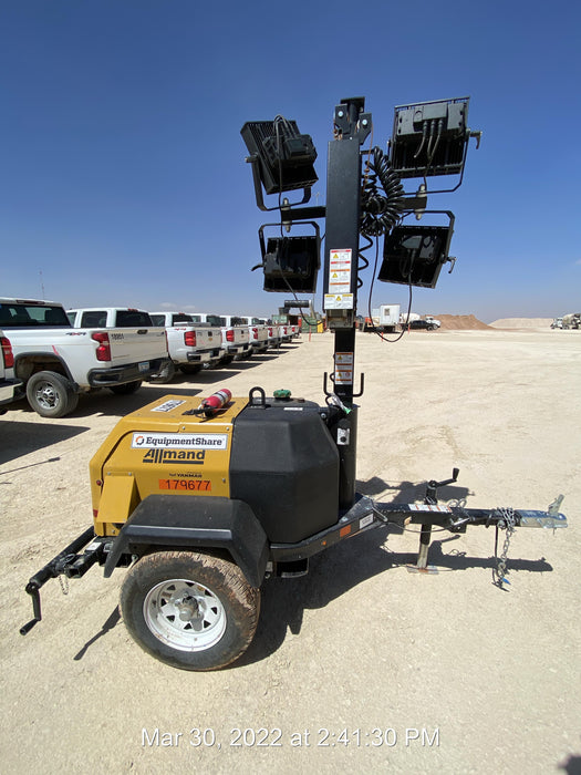 Allmand NLV3GR (4) LED Light Fixture 350W, 23' Vertical Mast, 3kW Prime, Towable, Deep Sea L401, Leveling Jacks, Yanmar T4F 5.8hp