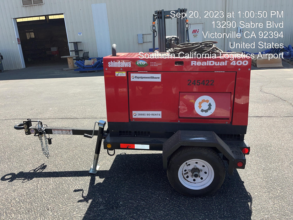 2022 Shindaiwa DGW400MDL Kubota D902 Engine, 23 HP, Dual Op Welder, Wire, Arc, Droop Stick, Tig, and CC Stick Functionality, Simulphase, 3 Phase and 1 Phase Gen Output, Single Axle NB Trlr, Slr Trckl Chrg 12V 12W, Fire Ext