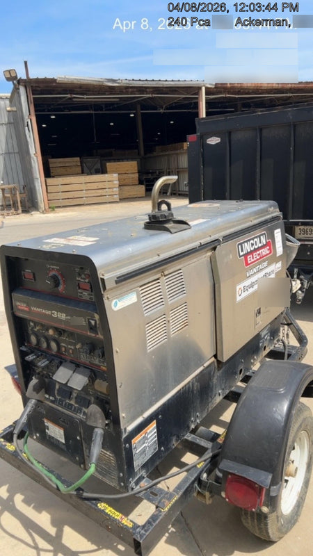 2019 Lincoln Electric Vantage 322 Ready-Pak 3, Two Wheel Trailer, Fender and Light Kit, Cable Rack