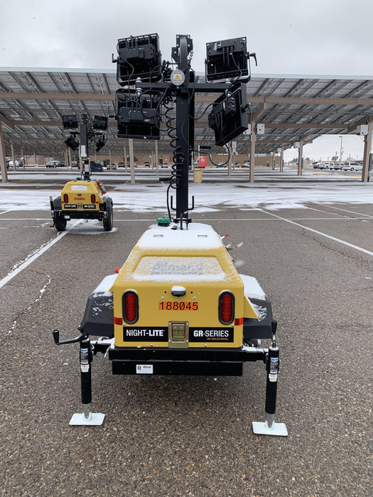 Allmand NLV3GR (4) LED Light Fixture 350W, 23' Vertical Mast, 3kW Prime, Towable, Deep Sea L401, Leveling Jacks, Yanmar T4F 5.8hp