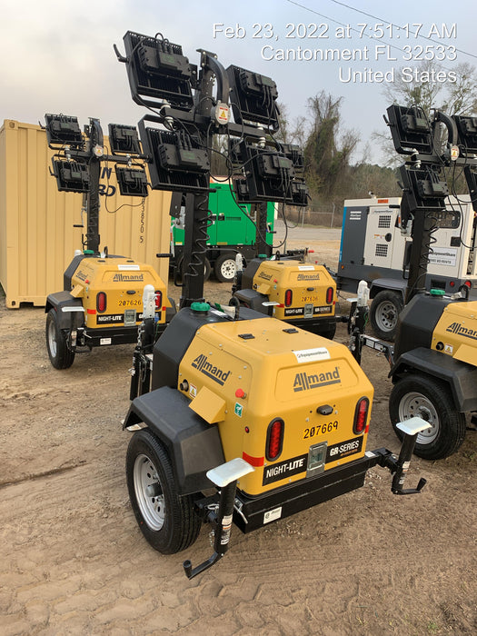 2022 Allmand NLV3GR (4) LED Light Fixture 350W, 23' Vertical Mast, 3kW Prime, Towable, Deep Sea L401, Leveling Jacks, Yanmar T4F 5.8hp