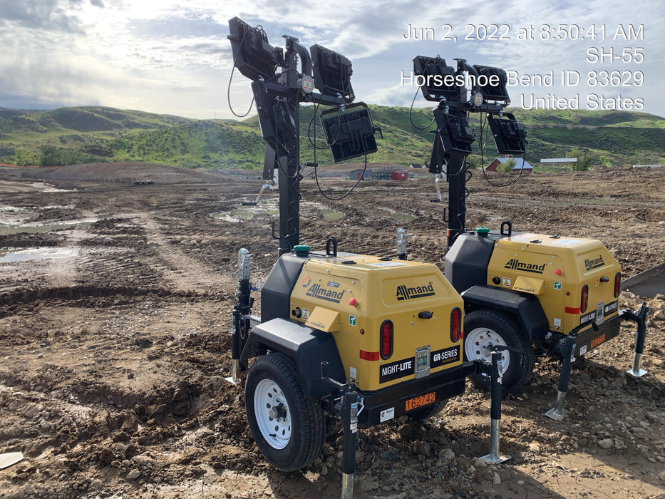 2021 Allmand NLV3GR (4) LED Light Fixture 350W, 23' Vertical Mast, 3kW Prime, Towable, Deep Sea L401, Leveling Jacks, Yanmar T4F 5.8hp