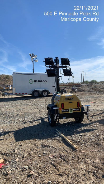 Allmand NLV3GR (4) LED Light Fixture 350W, 23' Vertical Mast, 3kW Prime, Towable, Deep Sea L401, Leveling Jacks, Yanmar T4F 5.8hp