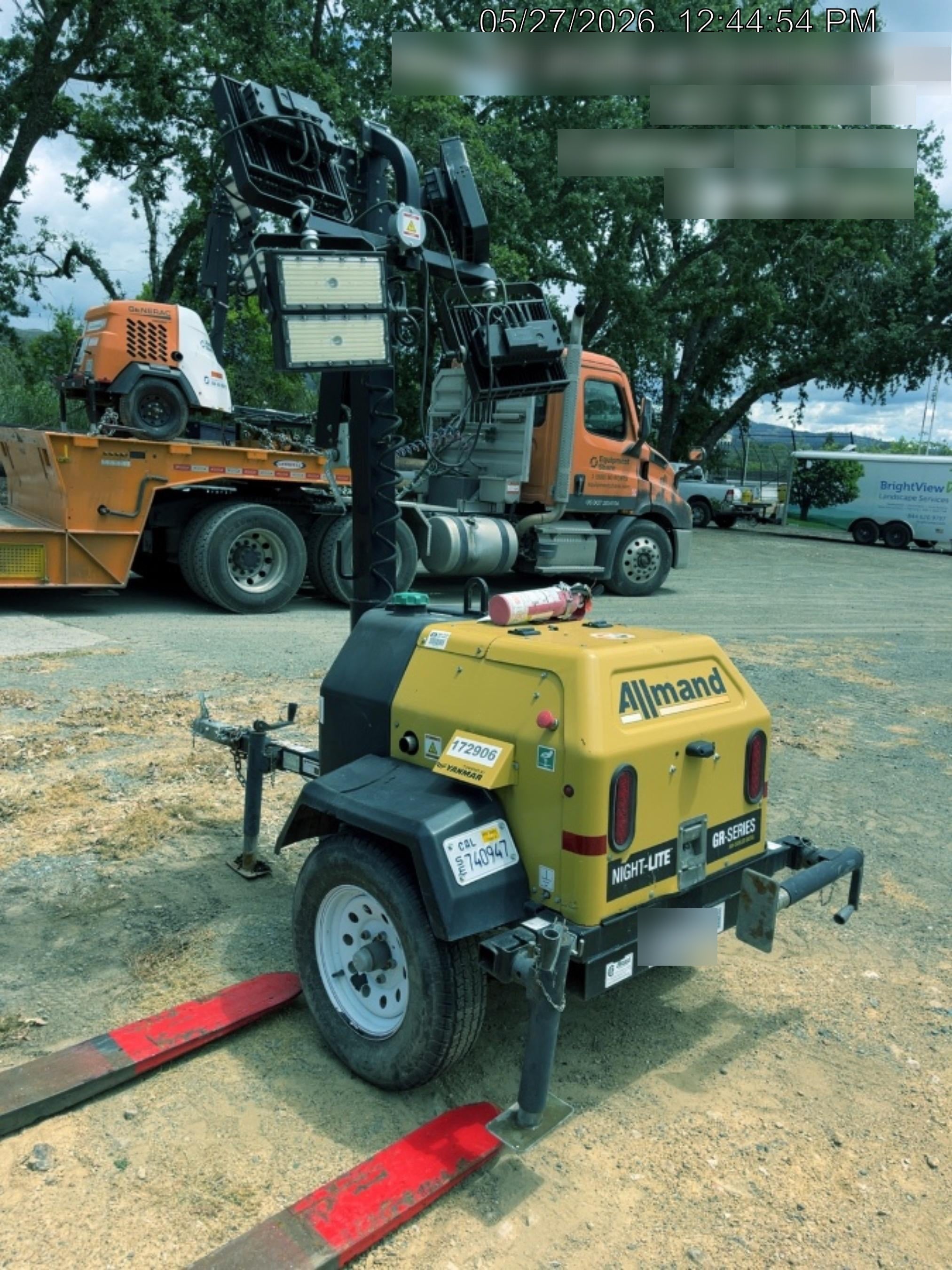 Allmand NLV3GR (4) LED Light Fixture 350W, 23' Vertical Mast, 3kW Prime, Towable, Deep Sea L401, Leveling Jacks, Yanmar T4F 5.8hp