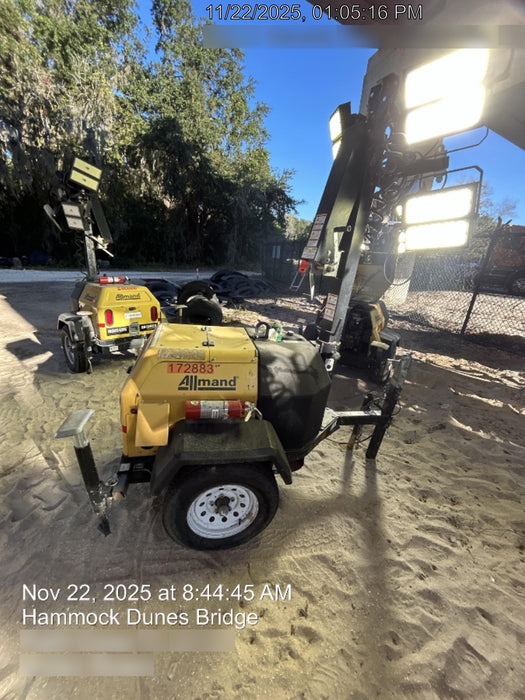 2021 Allmand NLV3GR (4) LED Light Fixture 350W, 23' Vertical Mast, 3kW Prime, Towable, Deep Sea L401, Leveling Jacks, Yanmar T4F 5.8hp