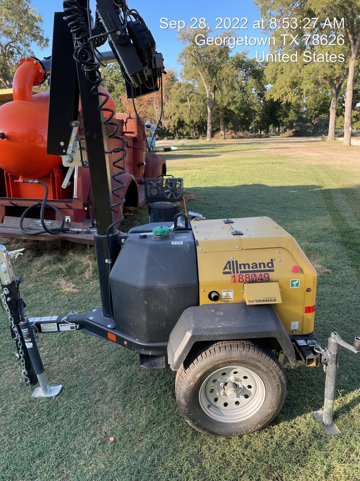 Allmand NLV3GR (4) LED Light Fixture 350W, 23' Vertical Mast, 3kW Prime, Towable, Deep Sea L401, Leveling Jacks, Yanmar T4F 5.8hp