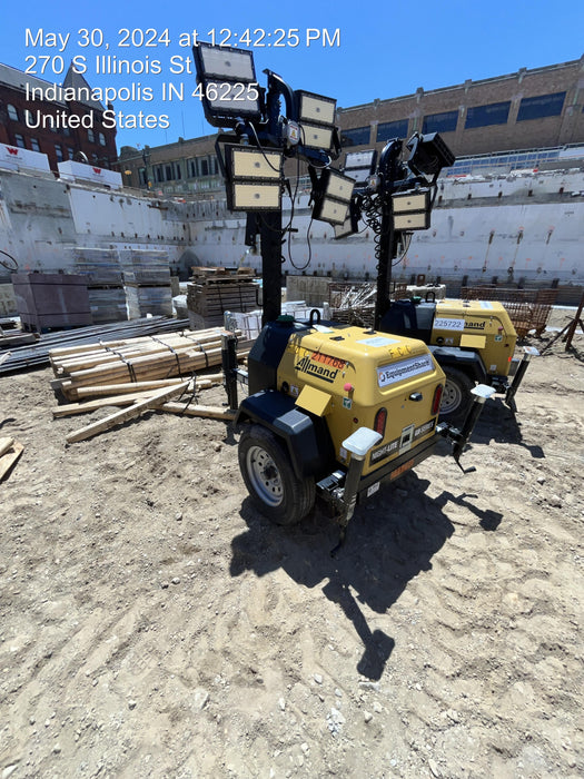 2022 Allmand NLV3GR (4) LED Light Fixture 350W, 23' Vertical Mast, 3kW Prime, Towable, Deep Sea L401, Leveling Jacks, Yanmar T4F 5.8hp