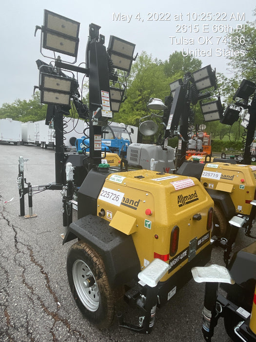 2022 Allmand NLV3GR (4) LED Light Fixture 350W, 23' Vertical Mast, 3kW Prime, Towable, Deep Sea L401, Leveling Jacks, Yanmar T4F 5.8hp