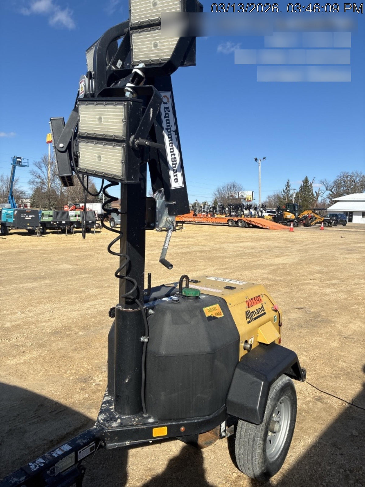 2022 Allmand NLV3GR (4) LED Light Fixture 350W, 23' Vertical Mast, 3kW Prime, Towable, Deep Sea L401, Leveling Jacks, Yanmar T4F 5.8hp