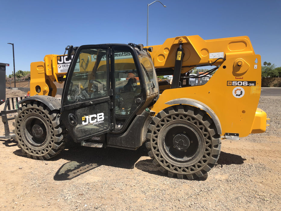 2020 JCB 506-36 Cab/Heat/Air, 74 HP, Solid Tires, STD Worklight, Beacon, Aux Hydraulics, Lifting Eye, Back up Alarm w/48" Carriage/48" Forks