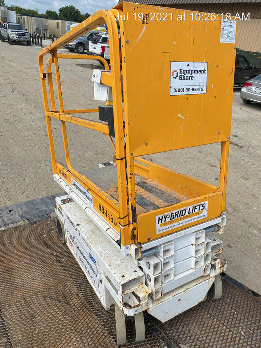 Custom Equipment HB-1430 <ul>
 <li>Hy-Brid Scissor Lift</li>
  <li>Platform capacity up to 670 lbs.</li>
  <li>Working height up to 20 ft</li>
  <li>Weighs under 1,700 lbs.</li>
  <li>Non-marking wheels </li>
</ul>