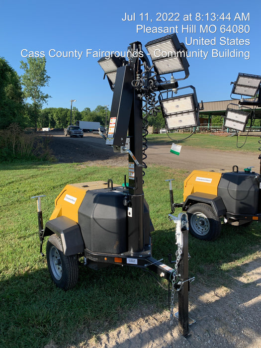 2022 Allmand NLV3GR (4) LED Light Fixture 350W, 23' Vertical Mast, 3kW Prime, Towable, Deep Sea L401, Leveling Jacks, Yanmar T4F 5.8hp