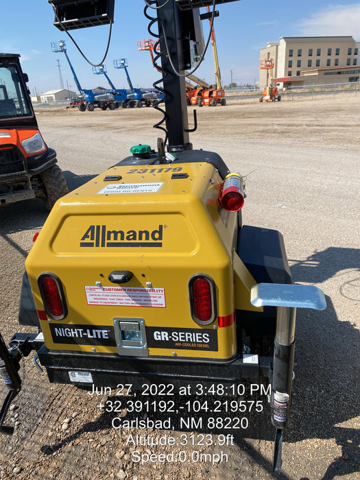 2022 Allmand NLV3GR (4) LED Light Fixture 350W, 23' Vertical Mast, 3kW Prime, Towable, Deep Sea L401, Leveling Jacks, Yanmar T4F 5.8hp