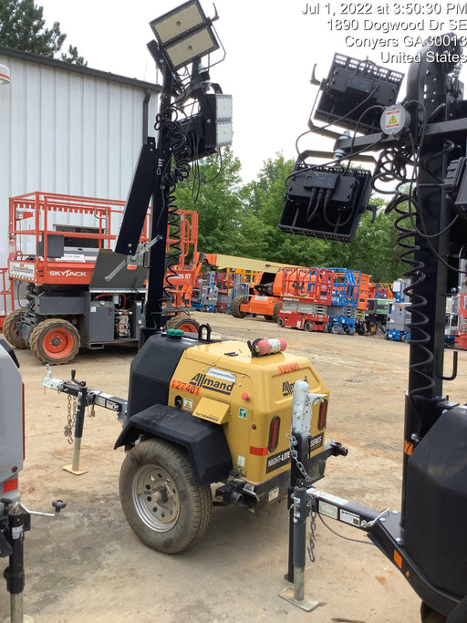 2021 Allmand NLV3GR (4) LED Light Fixture 350W, 23' Vertical Mast, 3kW Prime, Towable, Deep Sea L401, Leveling Jacks, Yanmar T4F 5.8hp