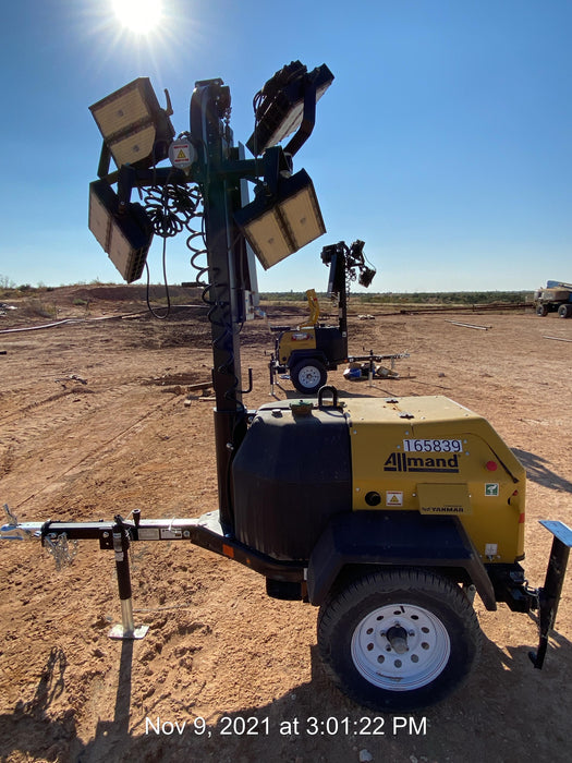 2021 Allmand NLV3GR (4) LED Light Fixture 350W, 23' Vertical Mast, 3kW Prime, Towable, Deep Sea L401, Leveling Jacks, Yanmar T4F 5.8hp