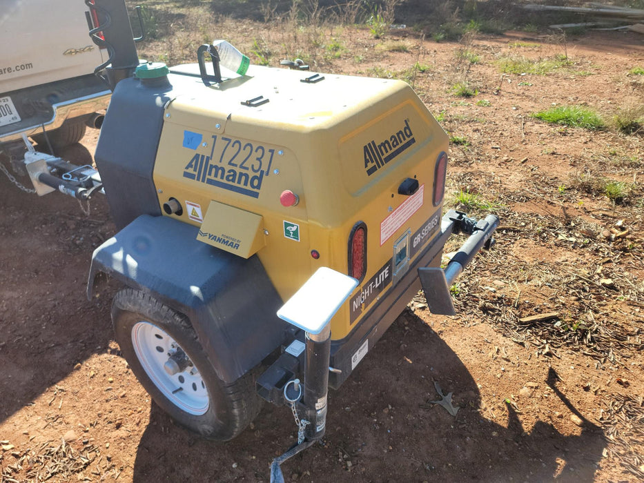 2021 Allmand NLV3GR (4) LED Light Fixture 350W, 23' Vertical Mast, 3kW Prime, Towable, Deep Sea L401, Leveling Jacks, Yanmar T4F 5.8hp