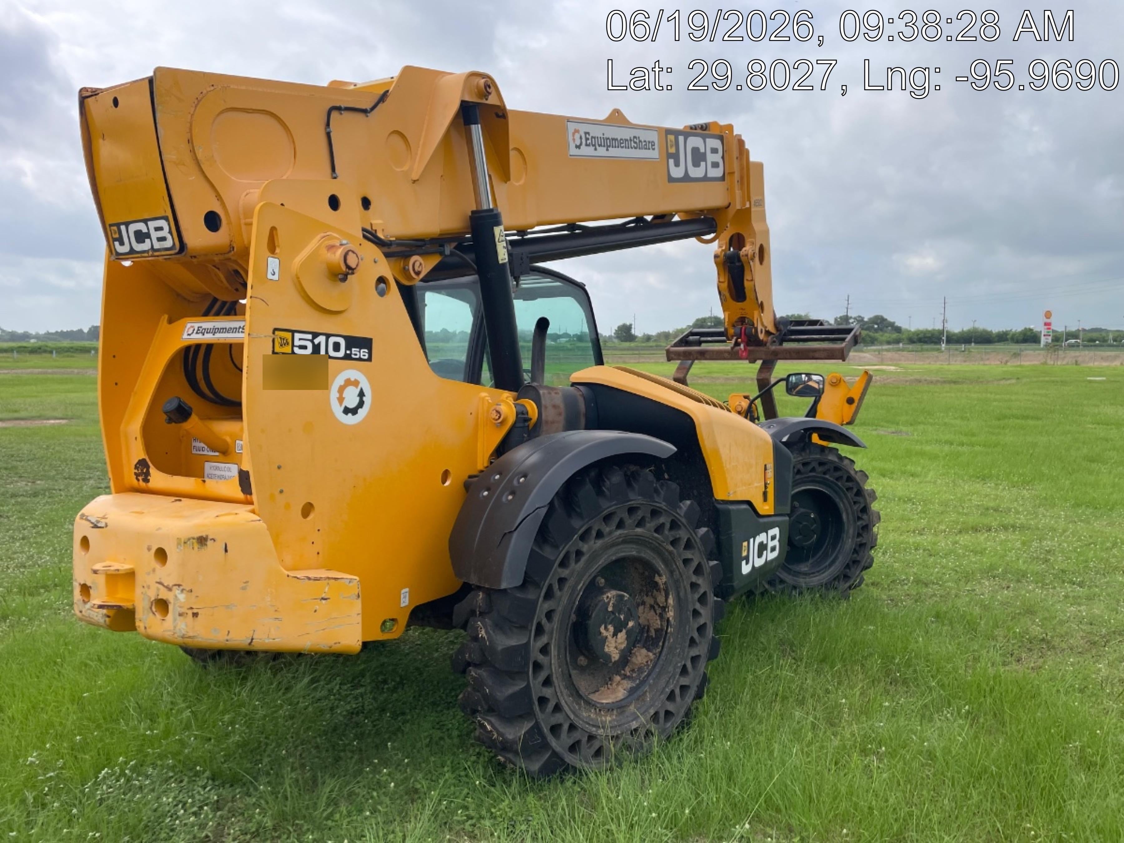 2019 JCB 510-56 Enclosed Cab, 74 HP, Solid Tires, Worklights, Beacon, Aux Hydraulics, Lifting Eye w/66" Carriage/60" Forks