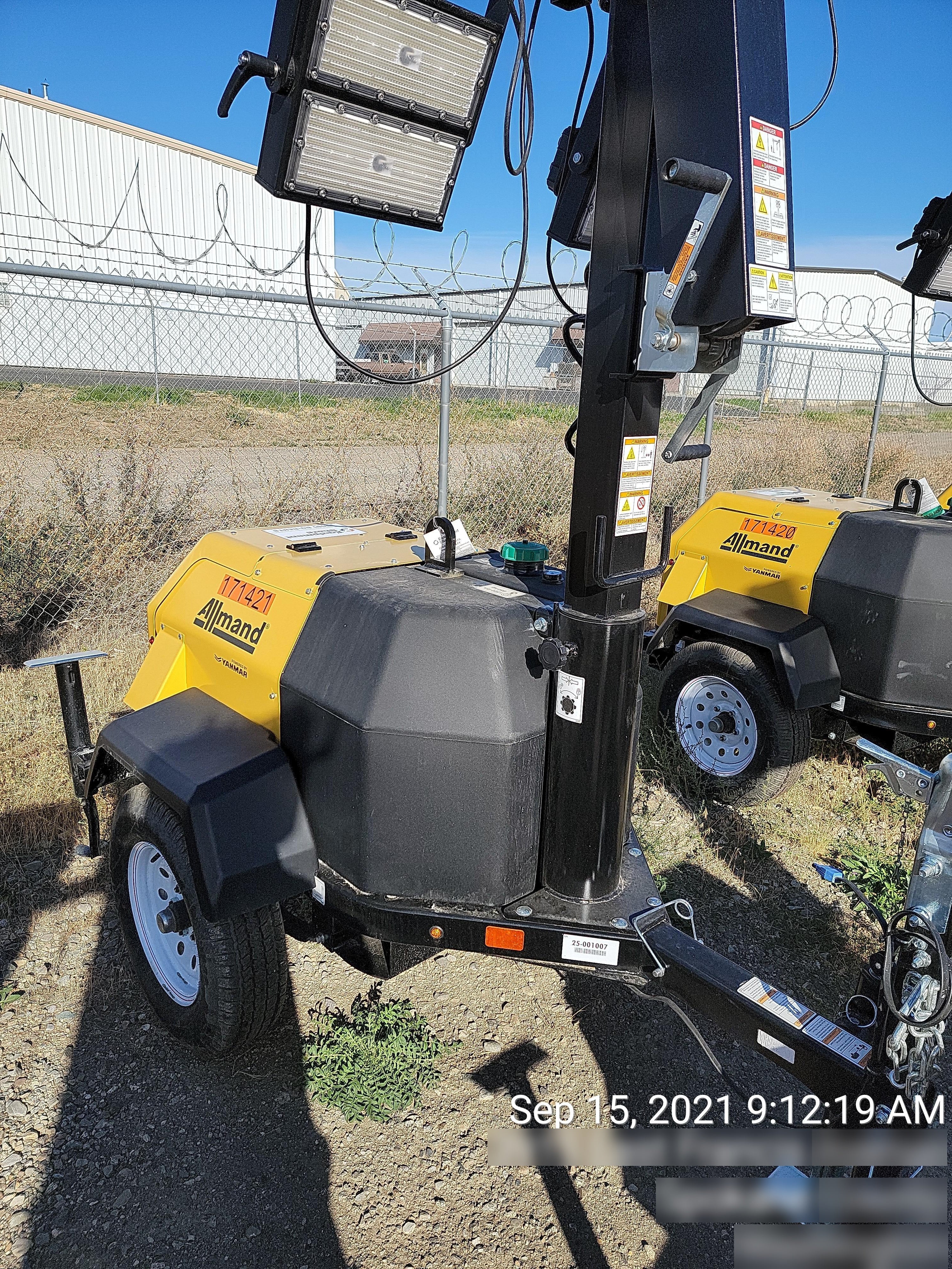 2021 Allmand NLV3GR (4) LED Light Fixture 350W, 23' Vertical Mast, 3kW Prime, Towable, Deep Sea L401, Leveling Jacks, Yanmar T4F 5.8hp