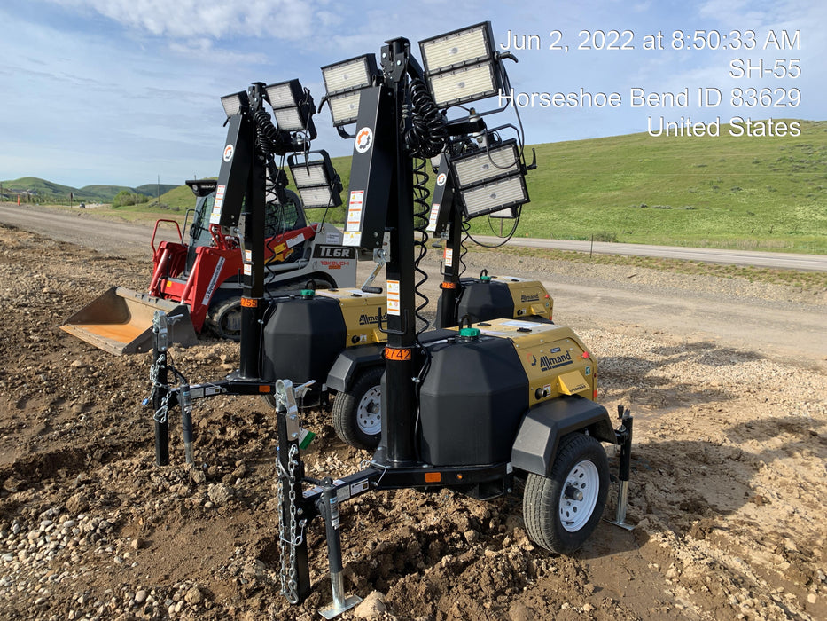 2021 Allmand NLV3GR (4) LED Light Fixture 350W, 23' Vertical Mast, 3kW Prime, Towable, Deep Sea L401, Leveling Jacks, Yanmar T4F 5.8hp