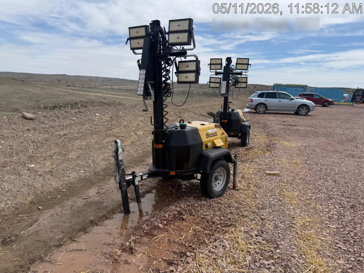 2022 Allmand NLV3GR (4) LED Light Fixture 350W, 23' Vertical Mast, 3kW Prime, Towable, ES Decals, T3 no