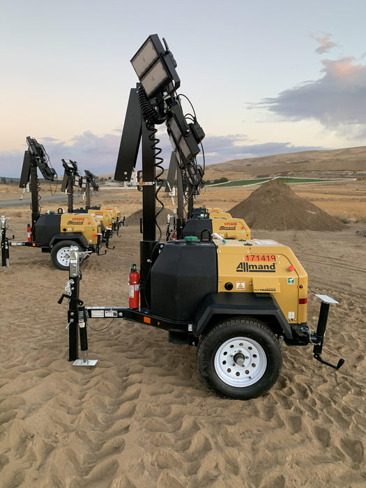 2021 Allmand NLV3GR (4) LED Light Fixture 350W, 23' Vertical Mast, 3kW Prime, Towable, Deep Sea L401, Leveling Jacks, Yanmar T4F 5.8hp