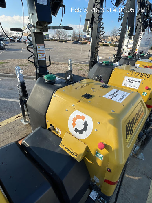 2021 Allmand NLV3GR (4) LED Light Fixture 350W, 23' Vertical Mast, 3kW Prime, Towable, Deep Sea L401, Leveling Jacks, Yanmar T4F 5.8hp