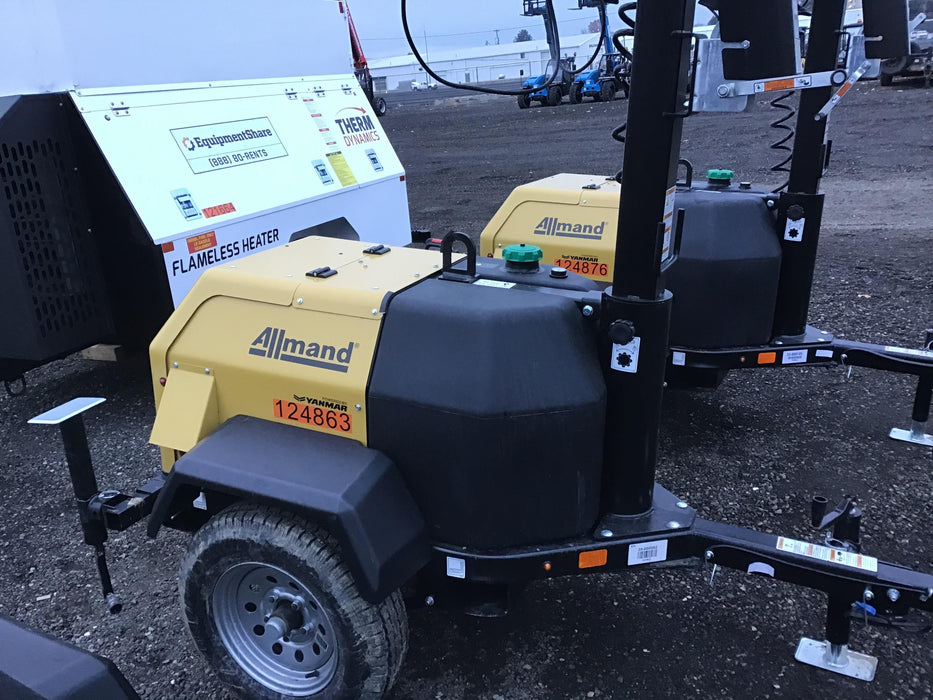 2020 Allmand NLV3GR (4) LED Light Fixture 350W, 23' Vertical Mast, 3kW Prime, Towable, Deep Sea L401, Leveling Jacks, Yanmar T4F 5.8hp