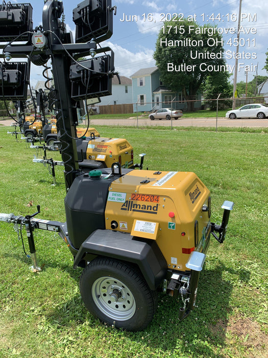 2022 Allmand NLV3GR (4) LED Light Fixture 350W, 23' Vertical Mast, 3kW Prime, Towable, Deep Sea L401, Leveling Jacks, Yanmar T4F 5.8hp