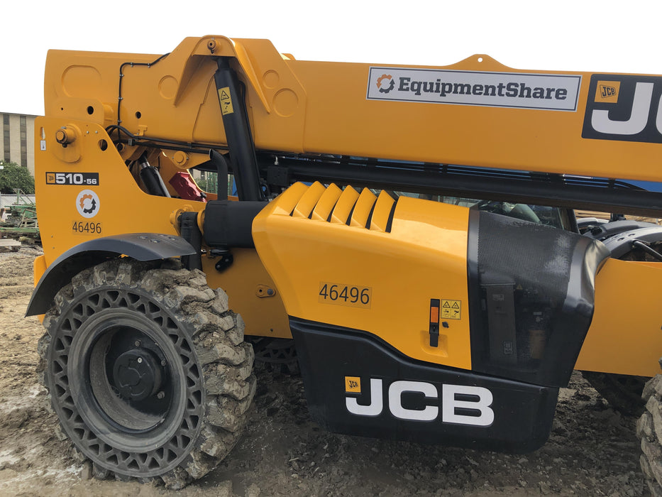 2019 JCB 510-56 Enclosed Cab, 74 HP, Solid Tires, Worklights, Beacon, Aux Hydraulics, Lifting Eye w/66" Carriage/60" Forks