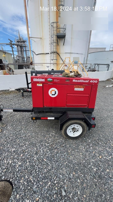 2022 Shindaiwa DGW400MDL Kubota D902 Engine, 23 HP, Dual Op Welder, Wire, Arc, Droop Stick, Tig, and CC Stick Functionality, Simulphase, 3 Phase and 1 Phase Gen Output, Single Axle NB Trlr, Slr Trckl Chrg 12V 12W, Fire Ext