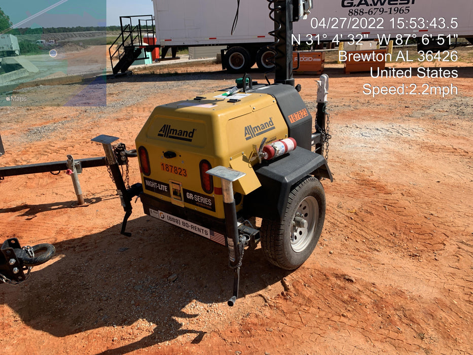 Allmand NLV3GR (4) LED Light Fixture 350W, 23' Vertical Mast, 3kW Prime, Towable, Deep Sea L401, Leveling Jacks, Yanmar T4F 5.8hp