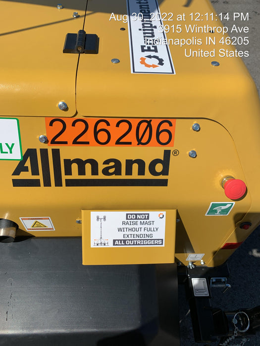 2022 Allmand NLV3GR (4) LED Light Fixture 350W, 23' Vertical Mast, 3kW Prime, Towable, Deep Sea L401, Leveling Jacks, Yanmar T4F 5.8hp