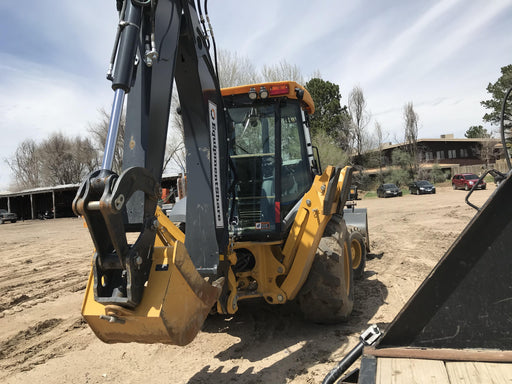 2019 John Deere 410L 4WD, CAB/HVAC, Standard Dipperstick, ISO Controls, Rear Aux Hydraulics, Manual QC, 1.5 Yd Bucket w/Forks, 24" Bucket