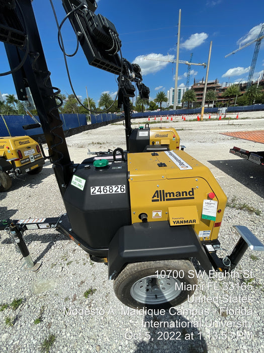 2022 Allmand NLV3GR (4) LED Light Fixture 350W, 23' Vertical Mast, 3kW Prime, Towable, ES Decals, T3