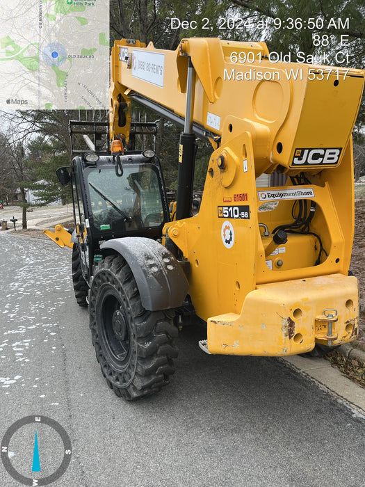 2020 JCB 510-56 Cab/Heat/Air, 74 HP, Solid Tires, STD Worklight, Beacon, Aux Hydraulics, Lifting Eye, Back up Alarm w/66" Carriage/60" Forks