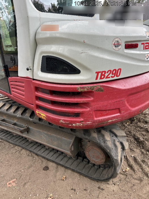 2019 Takeuchi TB290 Cab, AC, Rubber Tracks, Dozer Blade, Travel Alarm, Control Pattern Change Valve, Auxiliary Hydraulics w/18" Quick Coupler Bucket with teeth, 6.2 cu. ft. capacity/24" Quick Coupler Bucket with teeth, 8.6 cu. ft. capacity/36" Quick Coupler Bucket with teeth, 13.4 cu. ft. capacity, Quick Coupler, Hydraulic Thumb Installed