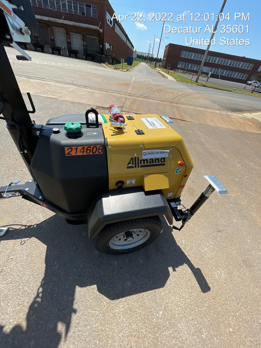 2022 Allmand NLV3GR (4) LED Light Fixture 350W, 23' Vertical Mast, 3kW Prime, Towable, Deep Sea L401, Leveling Jacks, Yanmar T4F 5.8hp