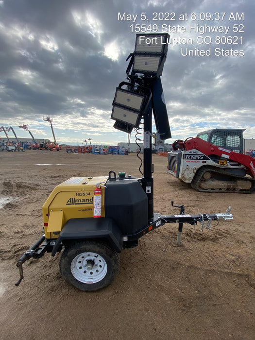 2021 Allmand NLV3GR (4) LED Light Fixture 350W, 23' Vertical Mast, 3kW Prime, Towable, Deep Sea L401, Leveling Jacks, Yanmar T4F 5.8hp