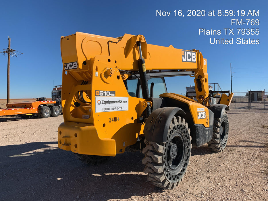 2019 JCB 510-56 JCB 510-56 74 HP w/Open ROPS, Beacon, Aux Hydraulics, Worklights, Solid Tires, 60" Carriage/Forks