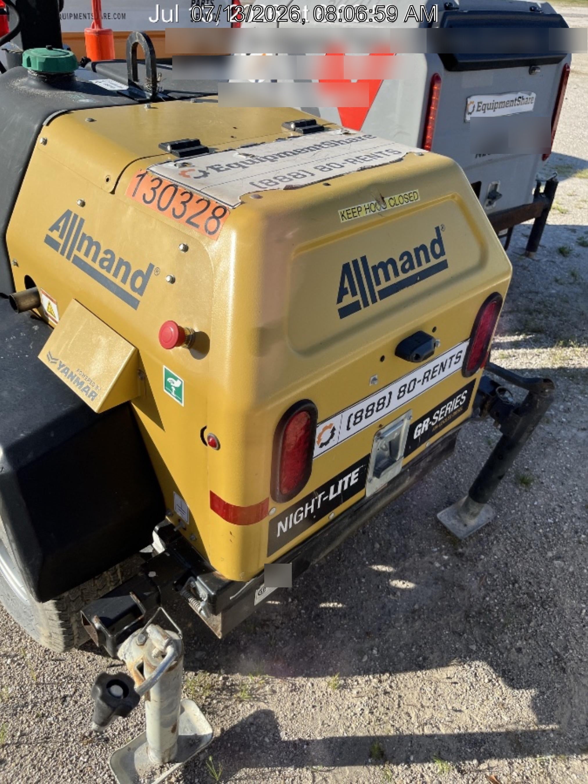 2021 Allmand NLV3GR (4) LED Light Fixture 350W, 23' Vertical Mast, 3kW Prime, Towable, Deep Sea L401, Leveling Jacks, Yanmar T4F 5.8hp