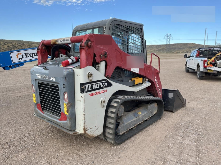 2019 Takeuchi TL10V2-CR Cab/Heat/AC, Rubber Tracks, Backup Alarm, Front & rear working Lights, Auxiliary Hydraulics, 2 Speed Travel, Engine Monitoring System, Hydraulic universal quick hitch w/76" HD dirt bucket with 8 teeth, 20.3 cubic feet capacity, 48" Pallet forks and frame