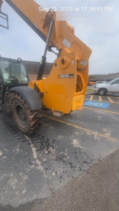 2019 JCB 509-42 74 HP w/Open ROPS, Beacon, Aux Hydraulics, LED Work lights, Solid Tires 66" Carriage/60" Forks