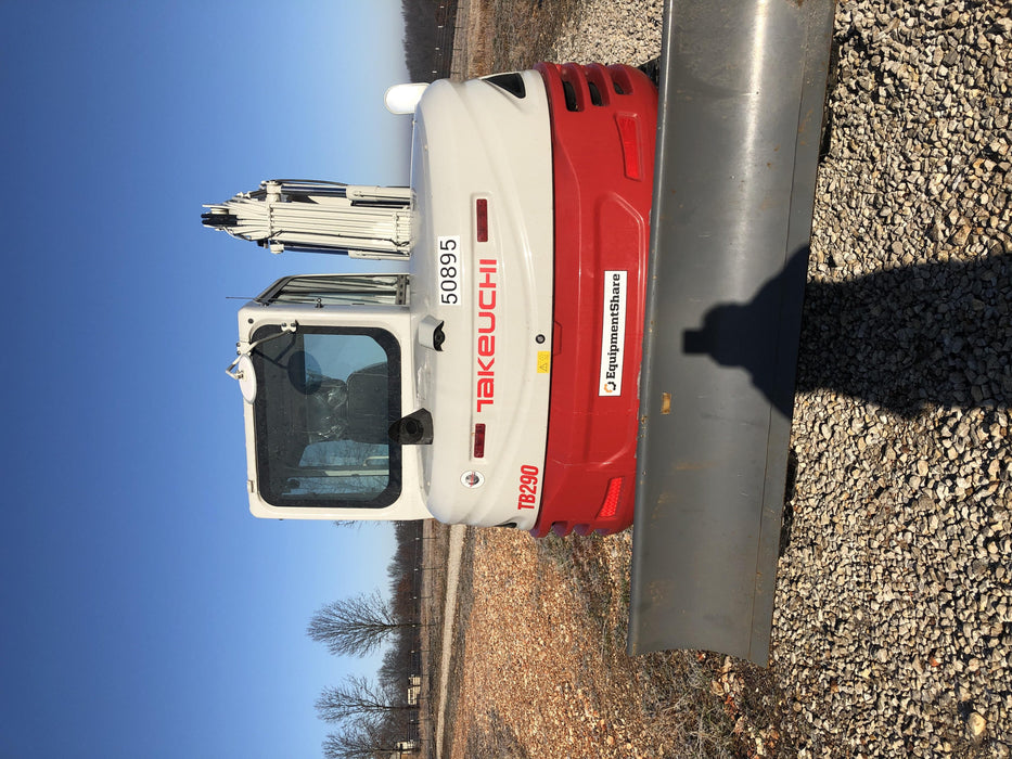 2019 Takeuchi TB290 Cab, AC, Rubber Tracks, Dozer Blade, Travel Alarm, Control Pattern Change Valve, Auxiliary Hydraulics w/18" Quick Coupler Bucket with teeth, 6.2 cu. ft. capacity/24" Quick Coupler Bucket with teeth, 8.6 cu. ft. capacity/36" Quick Coupler Bucket with teeth, 13.4 cu. ft. capacity, Quick Coupler, Hydraulic Thumb Installed