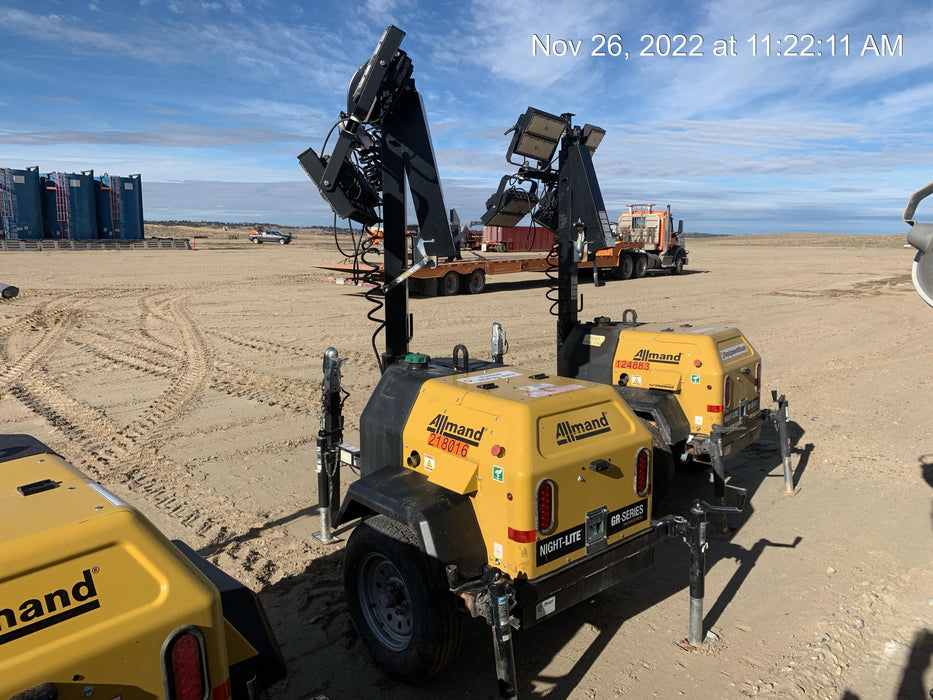 2022 Allmand NLV3GR (4) LED Light Fixture 350W, 23' Vertical Mast, 3kW Prime, Towable, Deep Sea L401, Leveling Jacks, Yanmar T4F 5.8hp