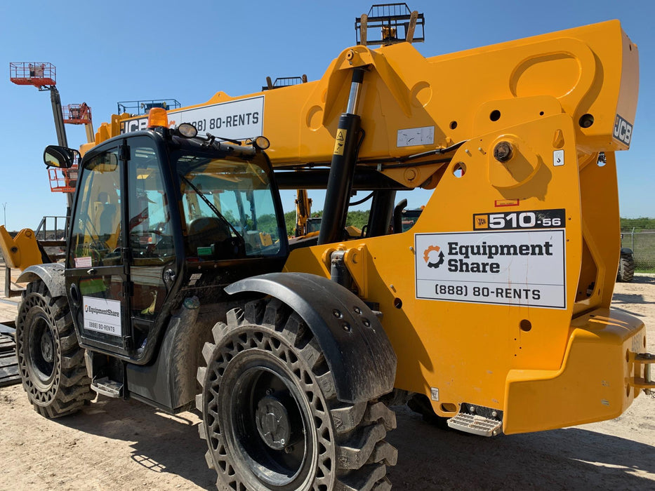2019 JCB 510-56 Enclosed Cab, 74 HP, Solid Tires, Worklights, Beacon, Aux Hydraulics, Lifting Eye w/66" Carriage/60" Forks