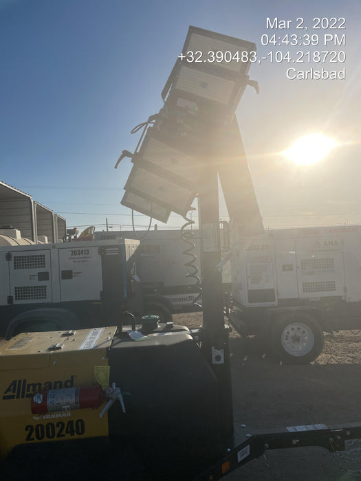 2022 Allmand NLV3GR (4) LED Light Fixture 350W, 23' Vertical Mast, 3kW Prime, Towable, Deep Sea L401, Leveling Jacks, Yanmar T4F 5.8hp