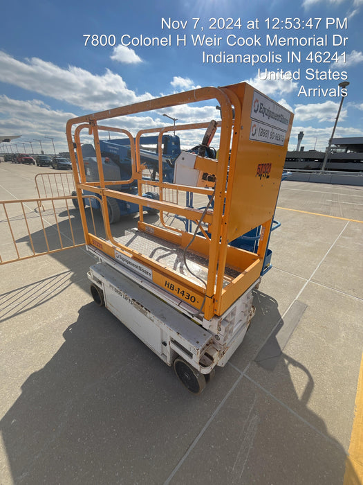 Custom Equipment HB-1430 <ul>
 <li>Hy-Brid Scissor Lift</li>
  <li>Platform capacity up to 670 lbs.</li>
  <li>Working height up to 20 ft</li>
  <li>Weighs under 1,700 lbs.</li>
  <li>Non-marking wheels </li>
</ul>