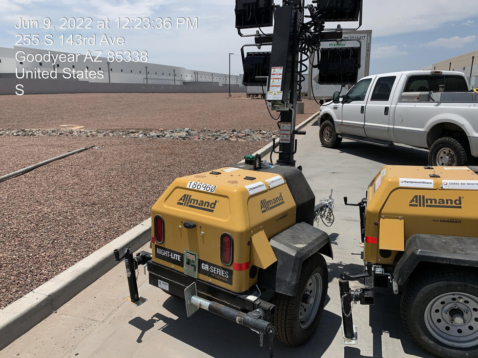 Allmand NLV3GR (4) LED Light Fixture 350W, 23' Vertical Mast, 3kW Prime, Towable, Deep Sea L401, Leveling Jacks, Yanmar T4F 5.8hp